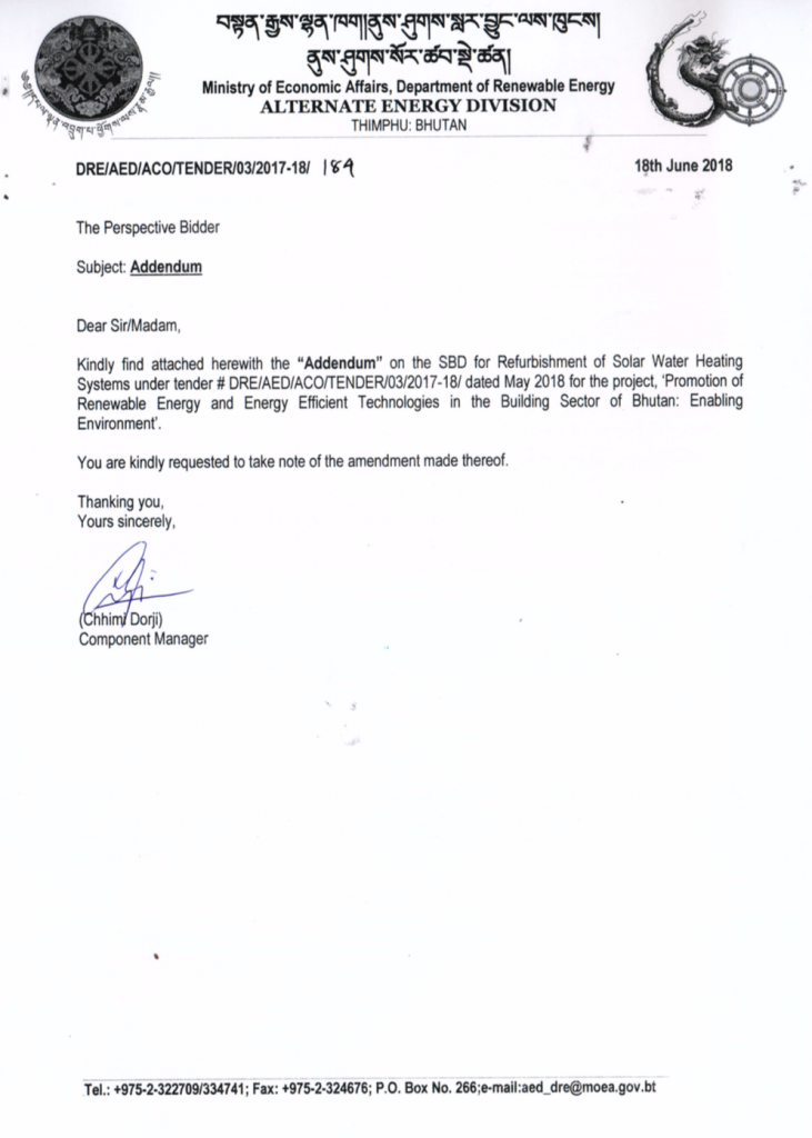 Addendum (Refurbishment of Solar Water Heating System)